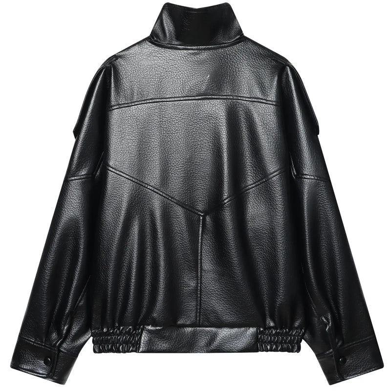 Leather Black Jackets for Woman Cropped Oversize Bomber Jacket Zip-Up Long Sleeve Coats Motorcycle Jackets