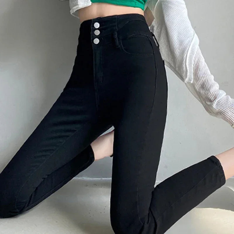 Women's High Waist Multi-button Slim Stretch Jeans