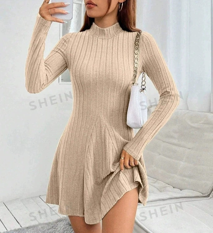 Women's slim fit half high collar A-line Dress