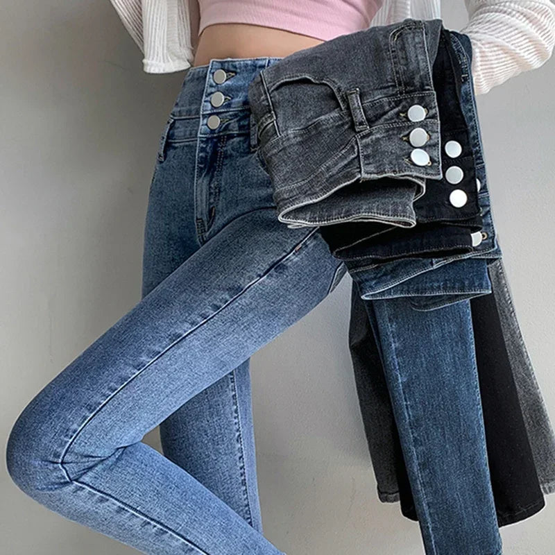 Women's High Waist Multi-button Slim Stretch Jeans