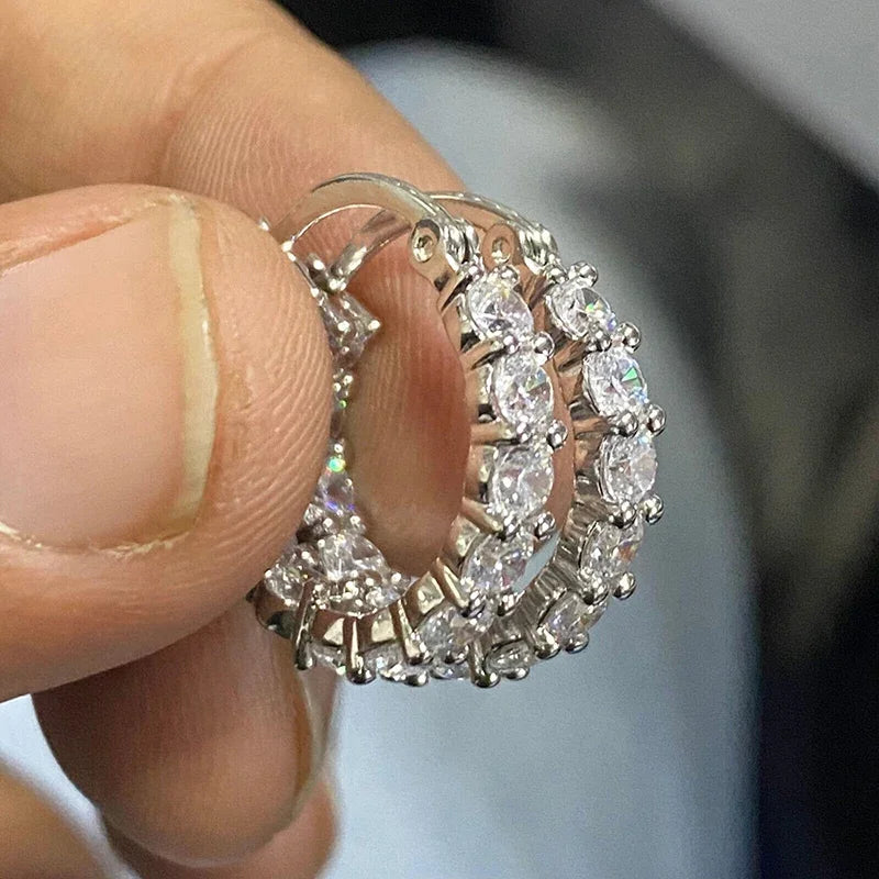 Women's Hoop Earrings Silver Color Cubic Zirconia