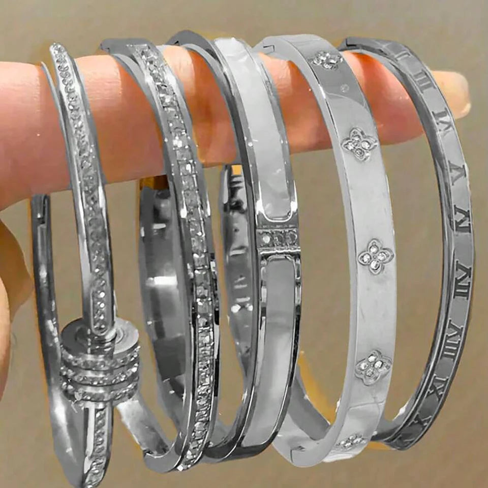 Five pc Sparkling Zirconia Stainless Steel Bracelet Set