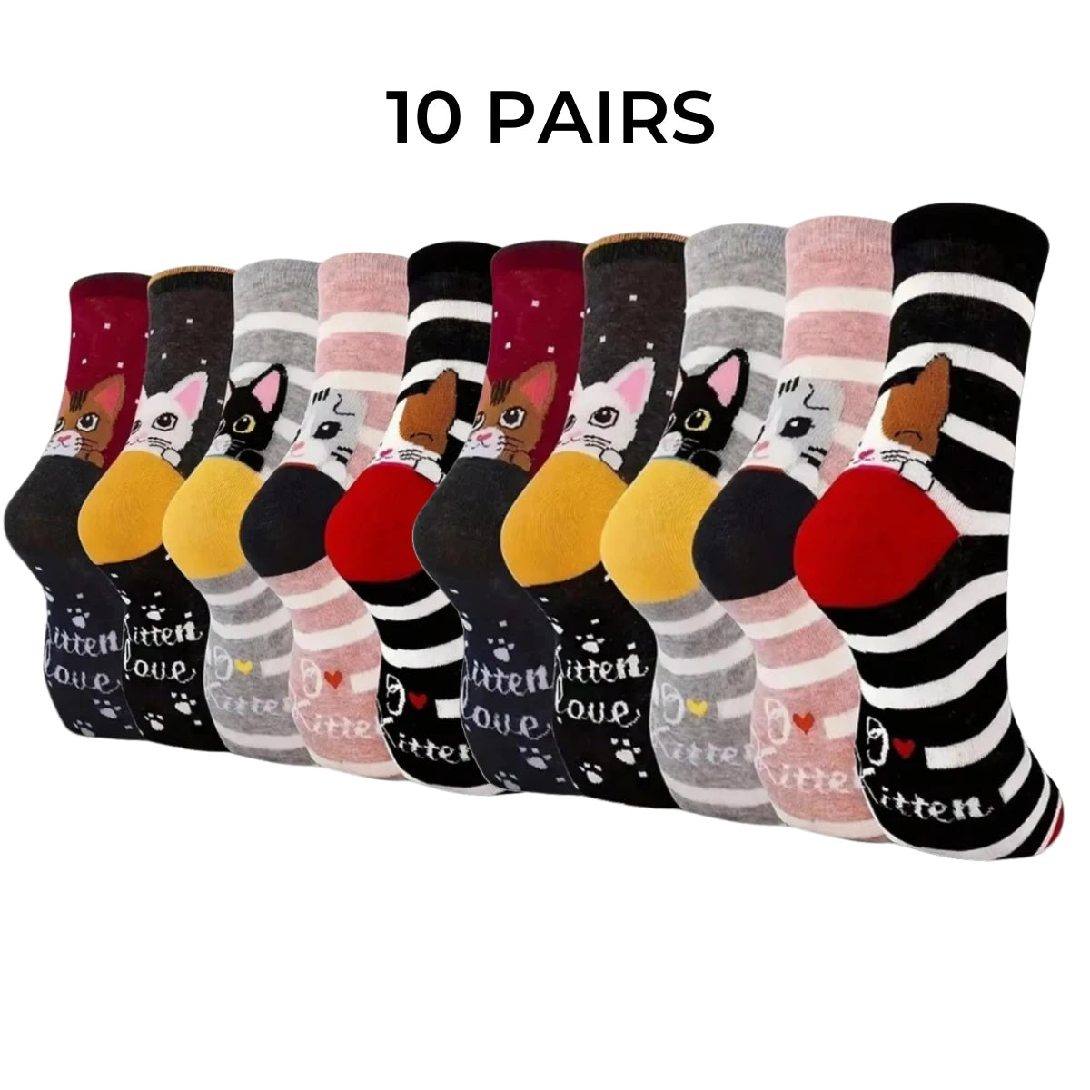5 Pairs of Women's Crew Socks, Cat Patterns