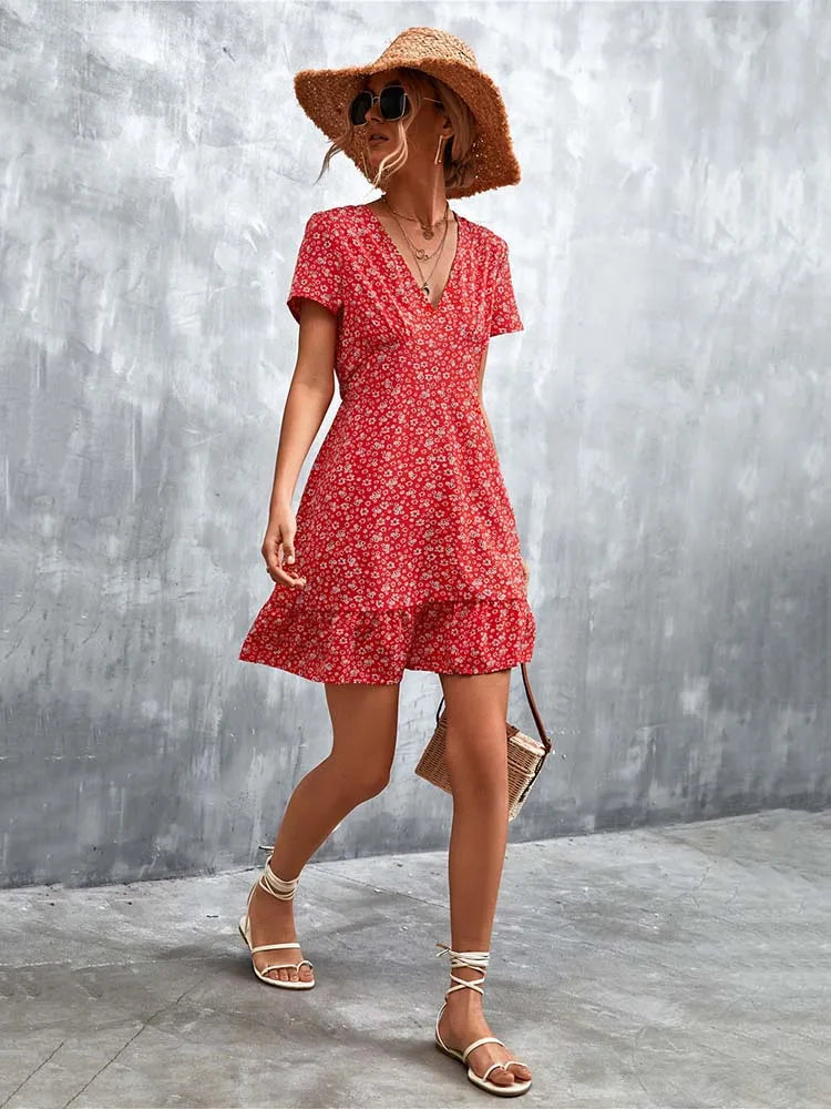 Women's V Neck Print Floral Party Dress