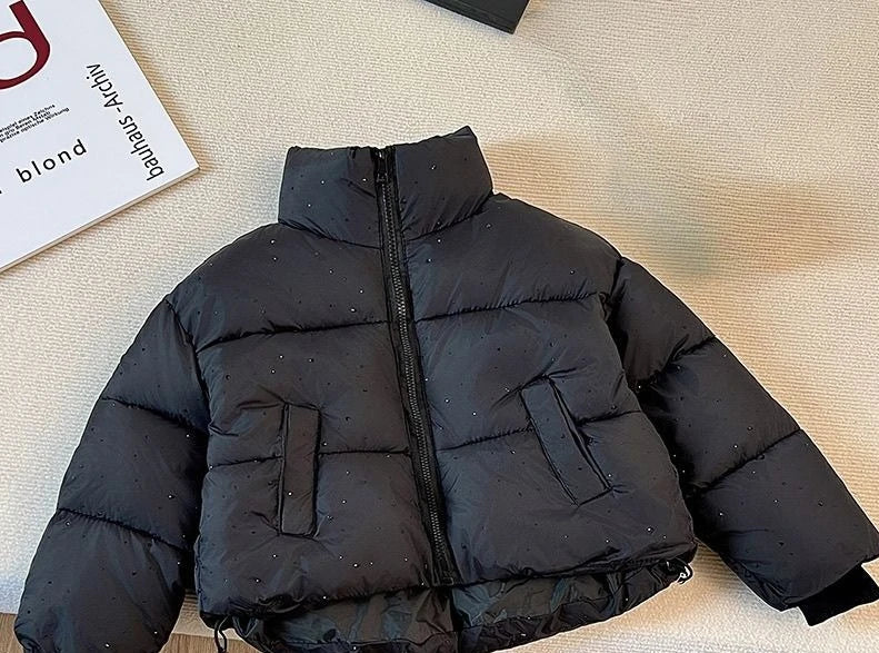Girls Rhinestone Puffer Jacket Star-Studded Fashion Coat Glitter Zip-Up Quilted Down Jacket
