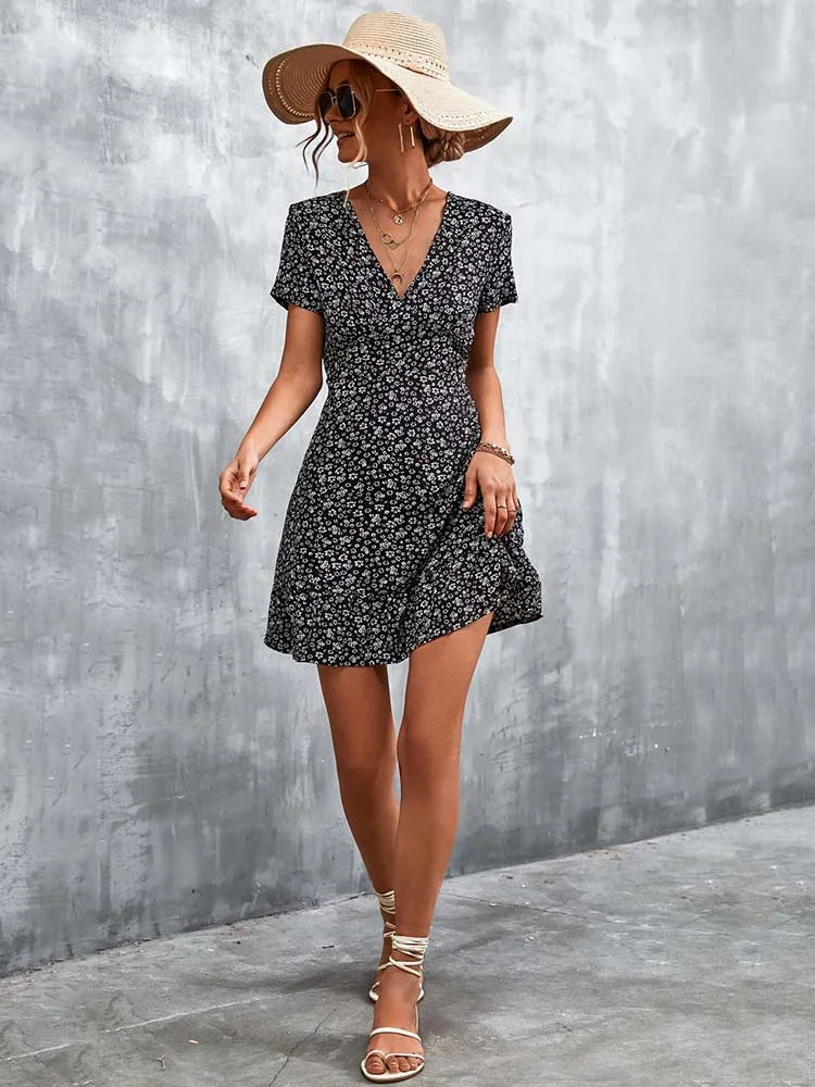 Women's V Neck Print Floral Party Dress