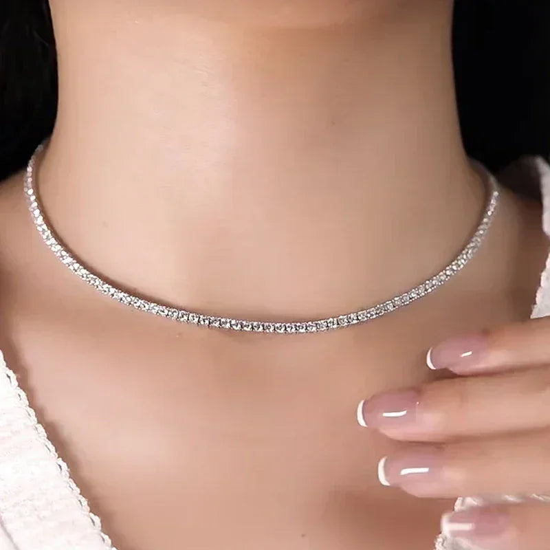 New S925 Sterling Silver Hip Hop Full CZ Choker Chain Necklace For Women