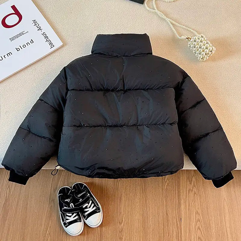 Girls Rhinestone Puffer Jacket Star-Studded Fashion Coat Glitter Zip-Up Quilted Down Jacket