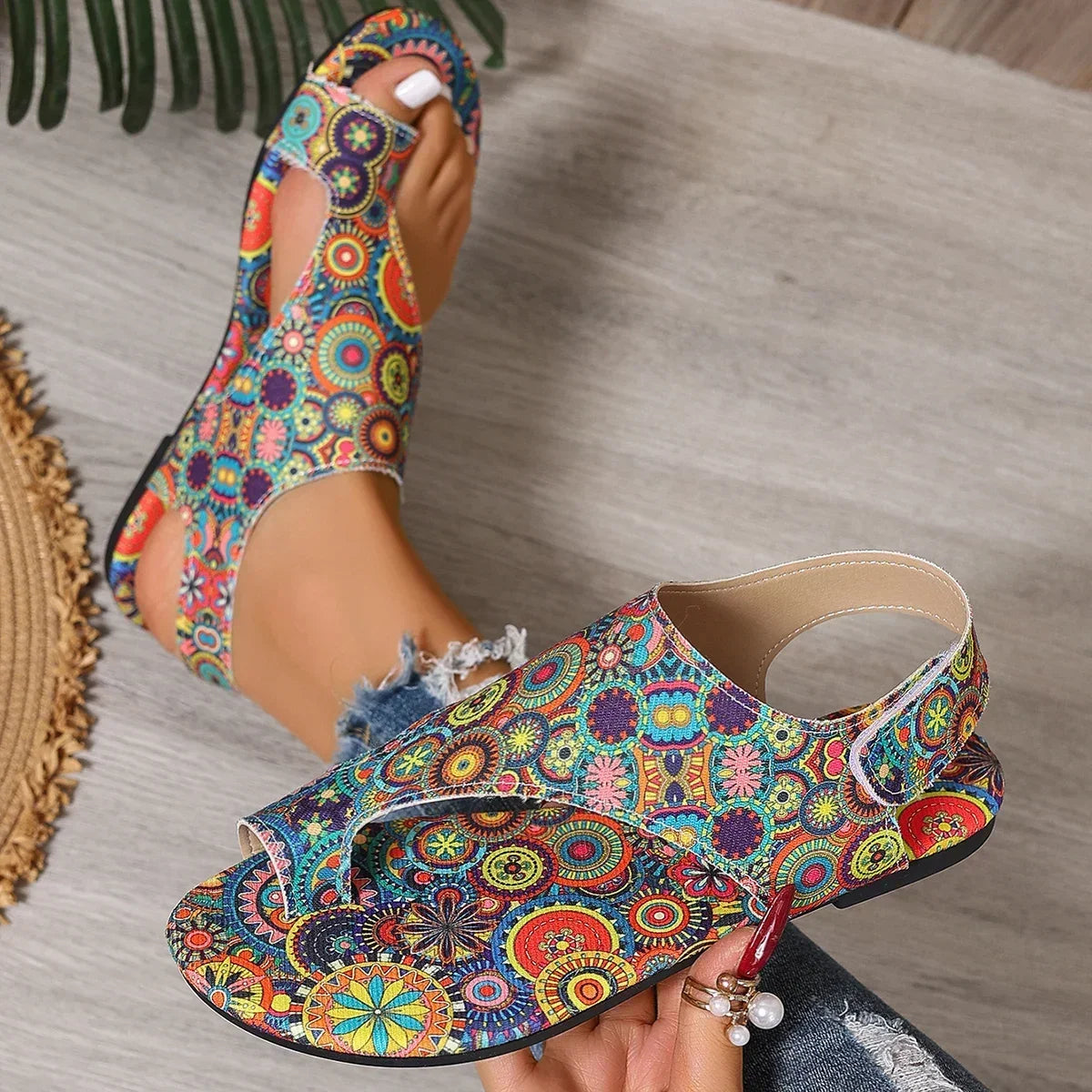 Women Sandals Comfortable Flats Sandals Printed Bohemia Roman Style Shoes