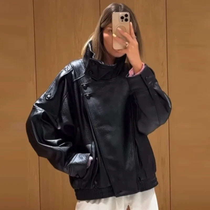 Leather Black Jackets for Woman Cropped Oversize Bomber Jacket Zip-Up Long Sleeve Coats Motorcycle Jackets
