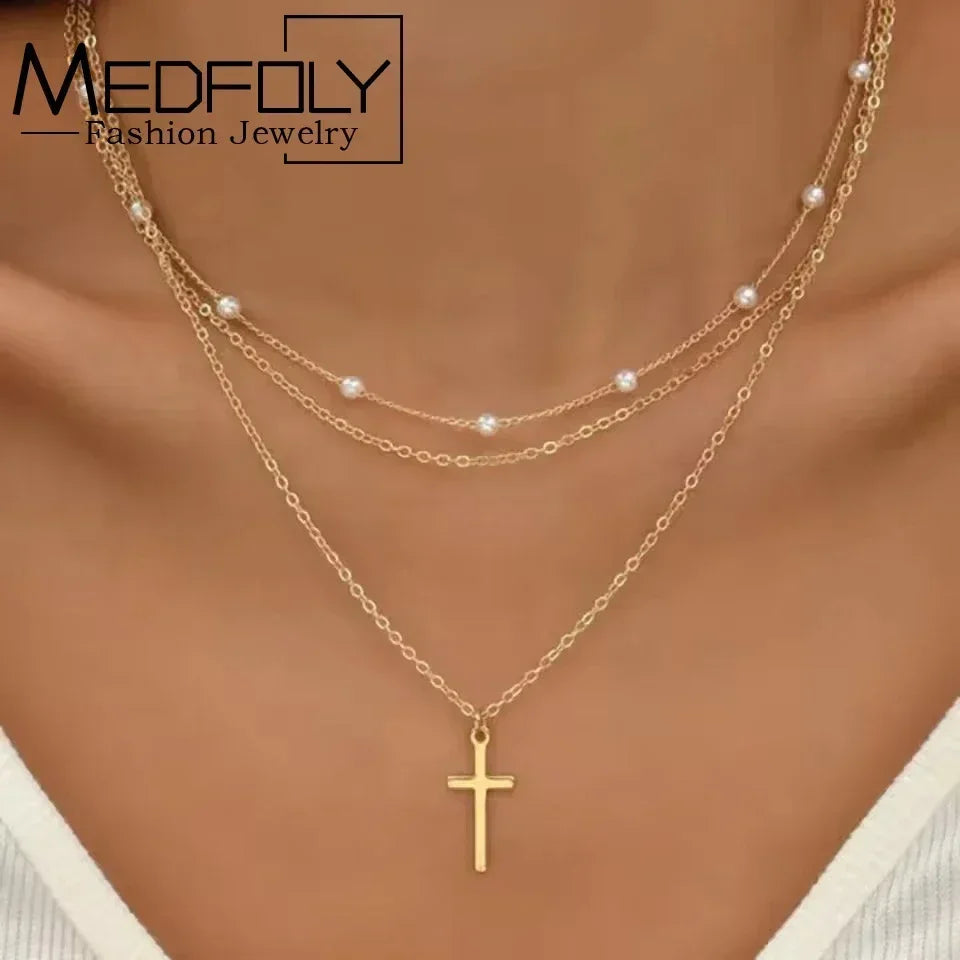 3pcs Gold Charm Necklace for Women Star Pearl Cross Pendant Necklaces