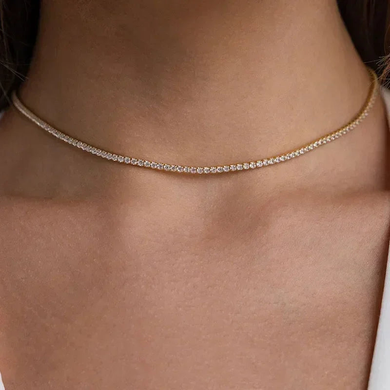 New S925 Sterling Silver Hip Hop Full CZ Choker Chain Necklace For Women