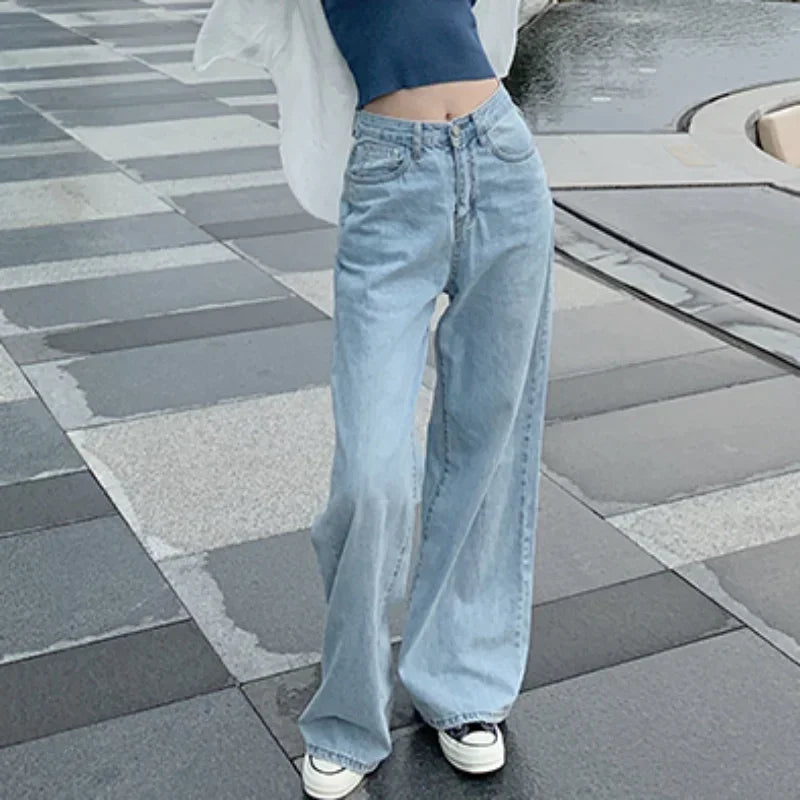 Women's Loose Denim Pants Retro Straight Leg Pants Fashionable Solid Color Loose Casual Wide Leg Pants