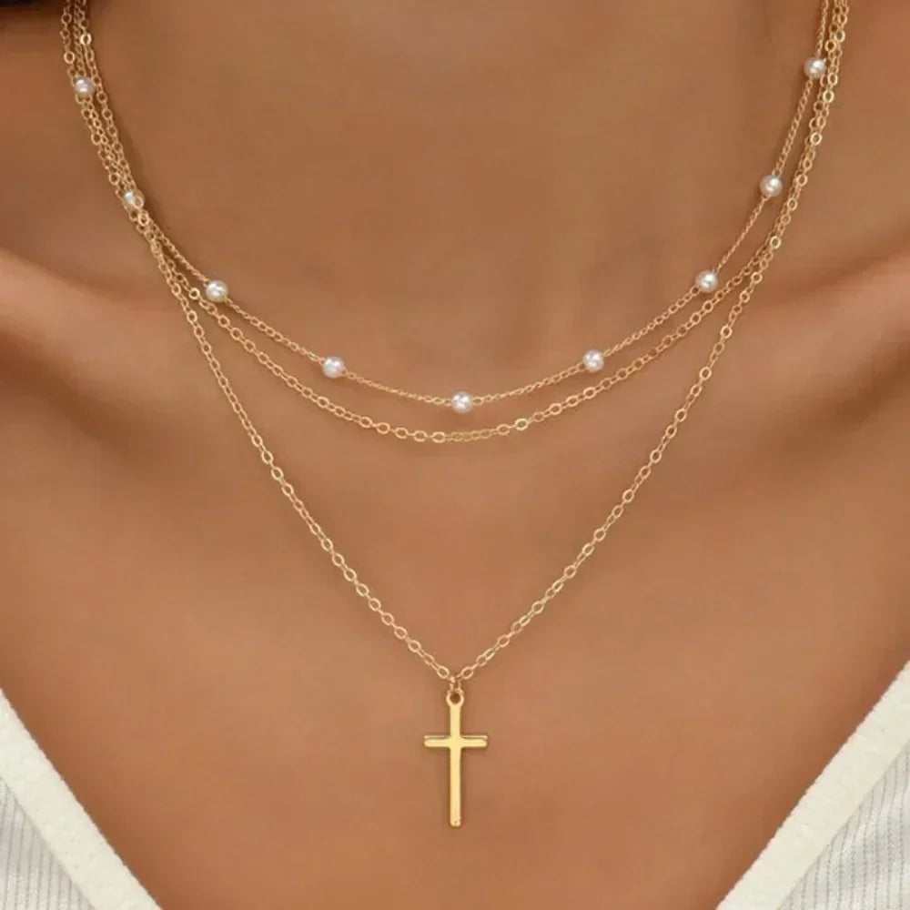 3pcs Gold Charm Necklace for Women Star Pearl Cross Pendant Necklaces