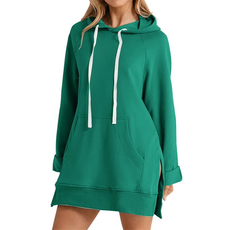 Women's Hoodie Dress Slit Hem Drawstring Loose