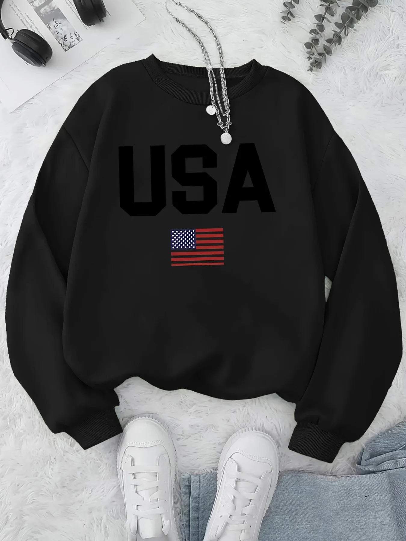Women's Casual USA Print Pullover Sweatshirt