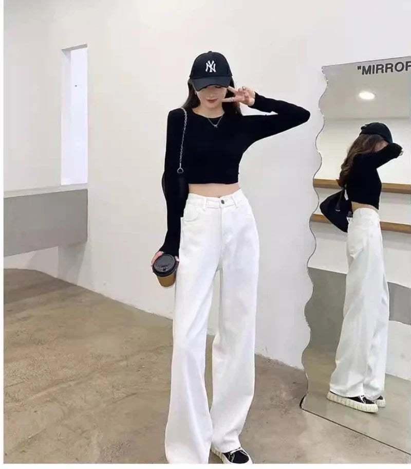Women's Loose Denim Pants Retro Straight Leg Pants Fashionable Solid Color Loose Casual Wide Leg Pants