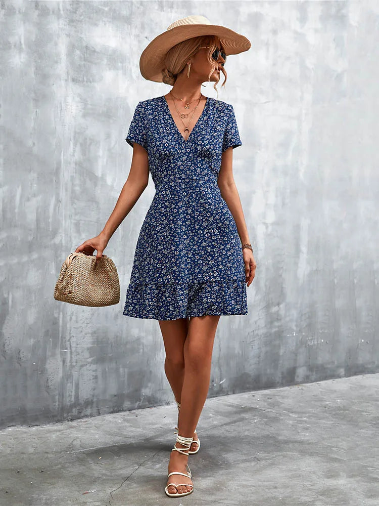 Women's V Neck Print Floral Party Dress