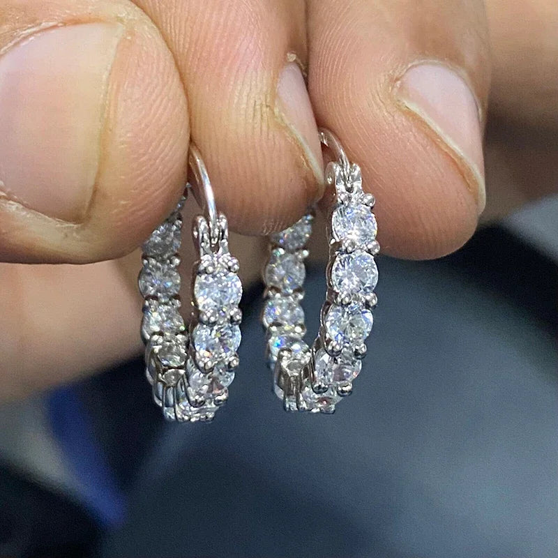 Women's Hoop Earrings Silver Color Cubic Zirconia