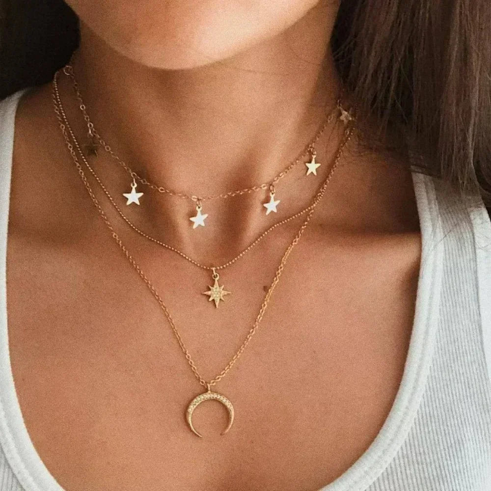3pcs Gold Charm Necklace for Women Star Pearl Cross Pendant Necklaces