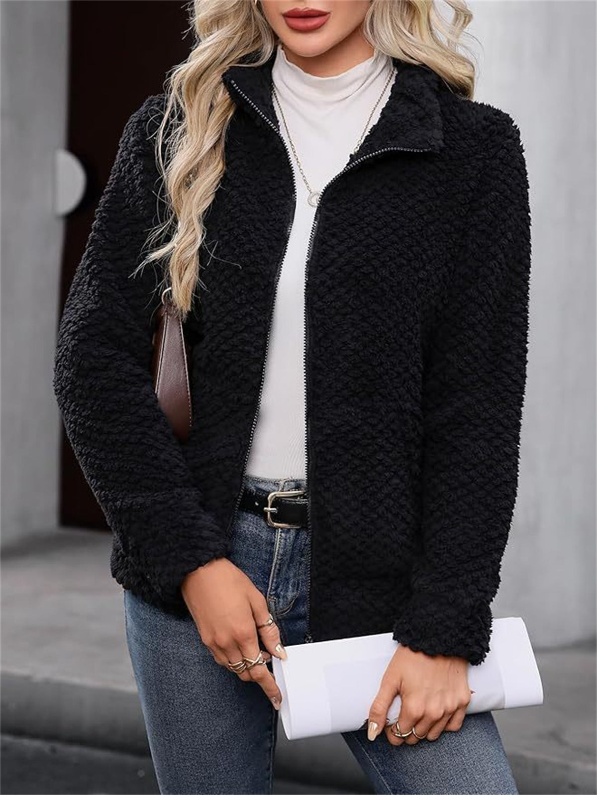 Women's Fleece-Lined Zip-Up Jacket with Pocket and Lapel