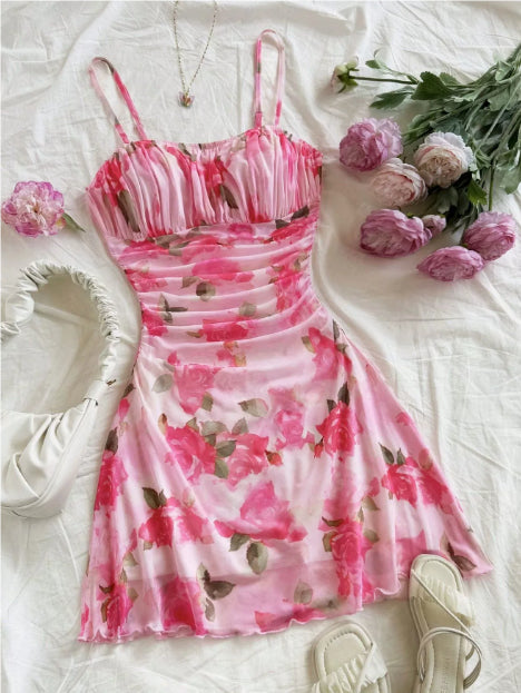Boho Floral Spaghetti Strap Mini Dress – Ruche Ruffle Hem
