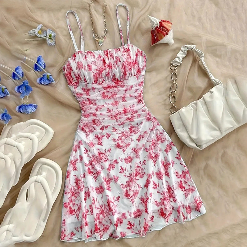 Boho Floral Spaghetti Strap Mini Dress – Ruche Ruffle Hem