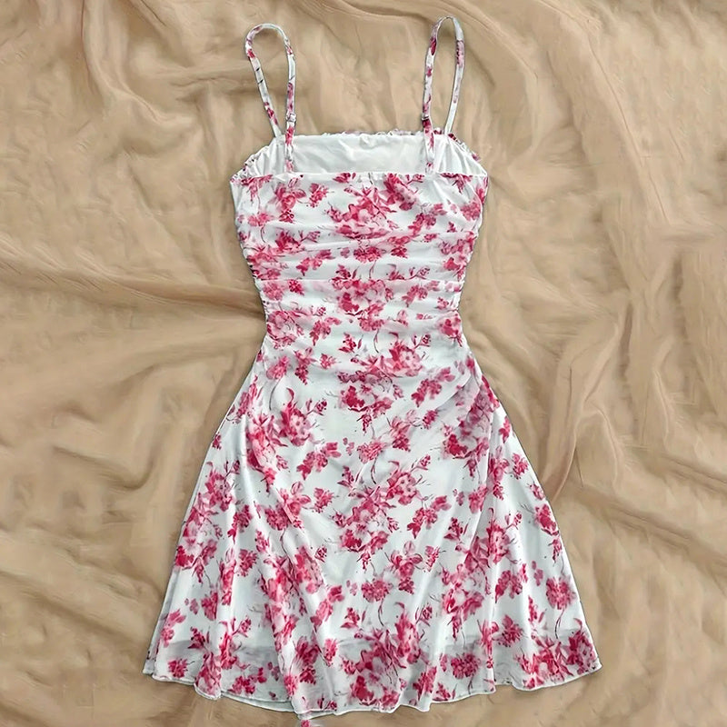 Boho Floral Spaghetti Strap Mini Dress – Ruche Ruffle Hem
