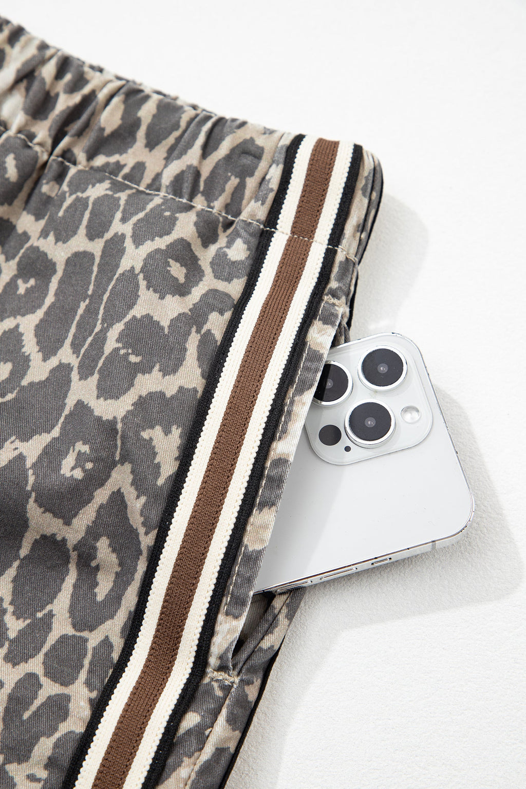 Leopard Stripe Detail Drawstring Denim Shorts
