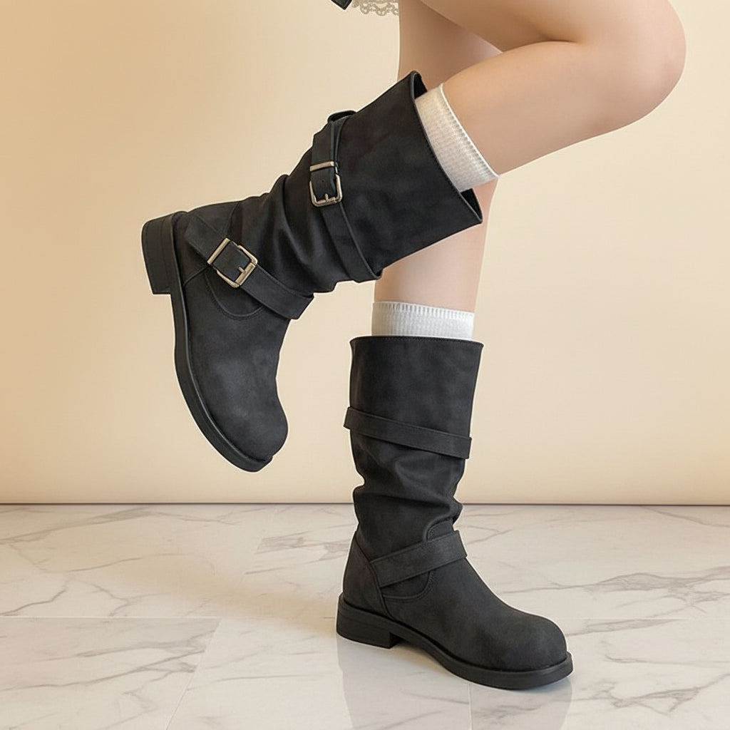 Distressed Slouchy Mid-Calf Boots | Buckle Strap