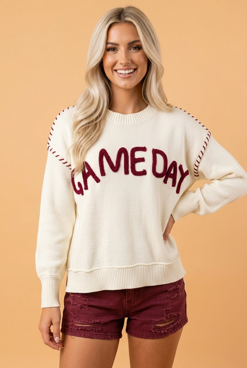Game Day Embroidered Drop Shoulder Sweater