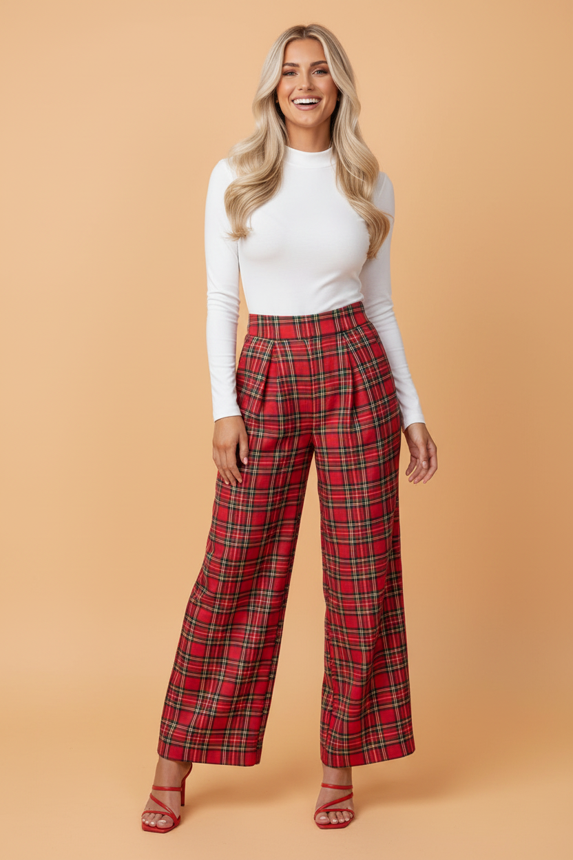 Plaid Pleated Elastic Waist Wide Leg Pants