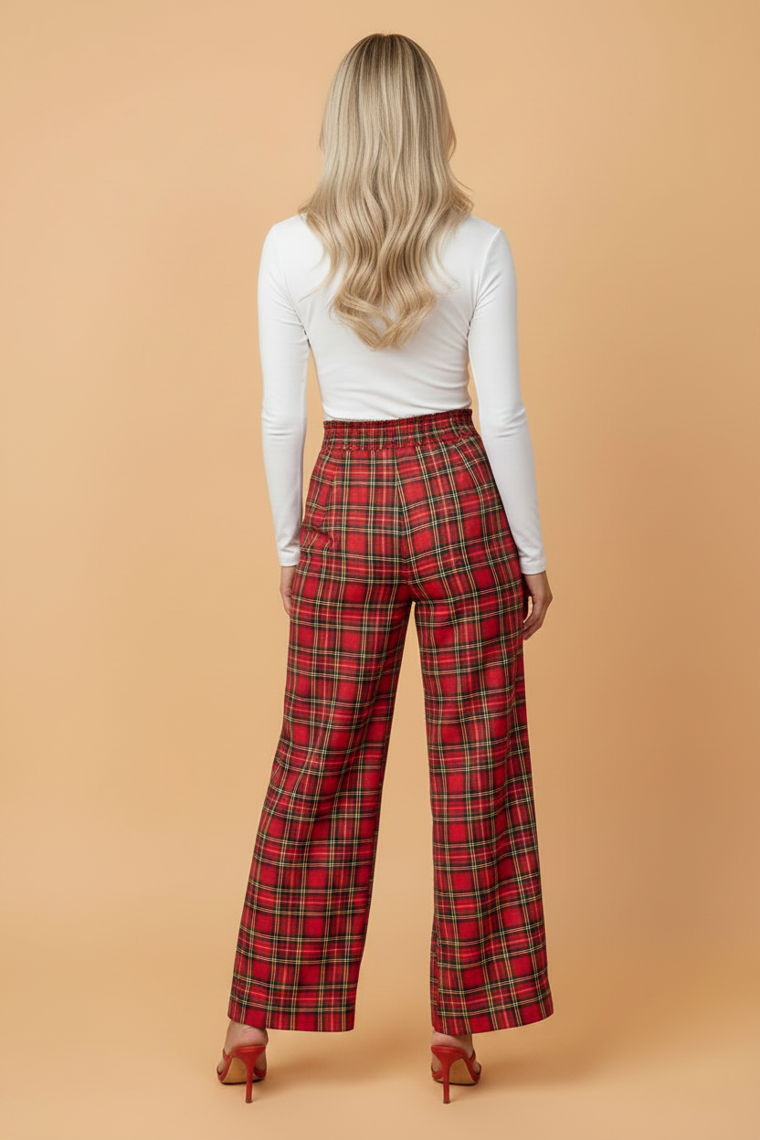 Plaid Pleated Elastic Waist Wide Leg Pants