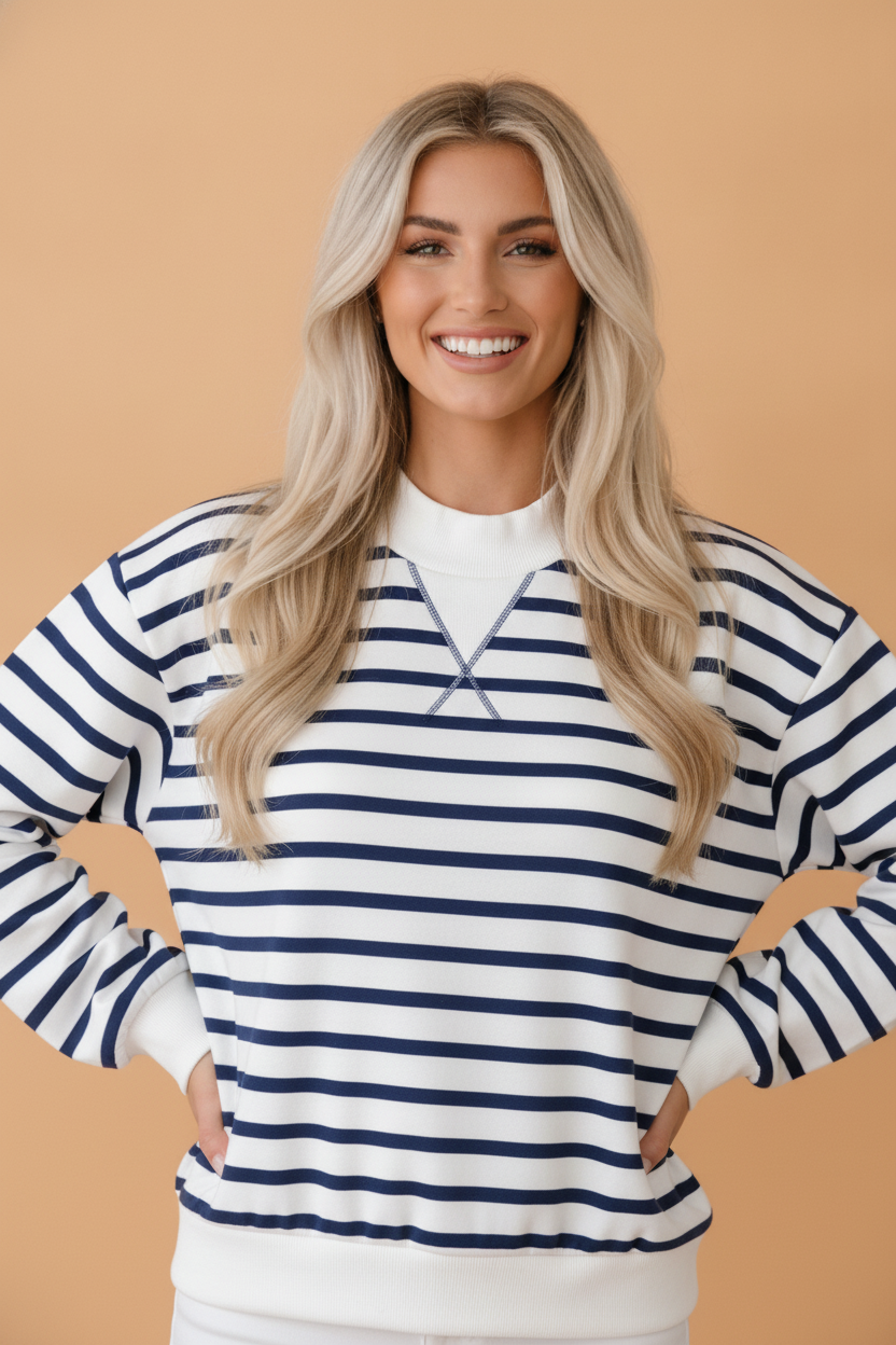 Stripe Ribbed Neck Long Sleeve Sweatshirt