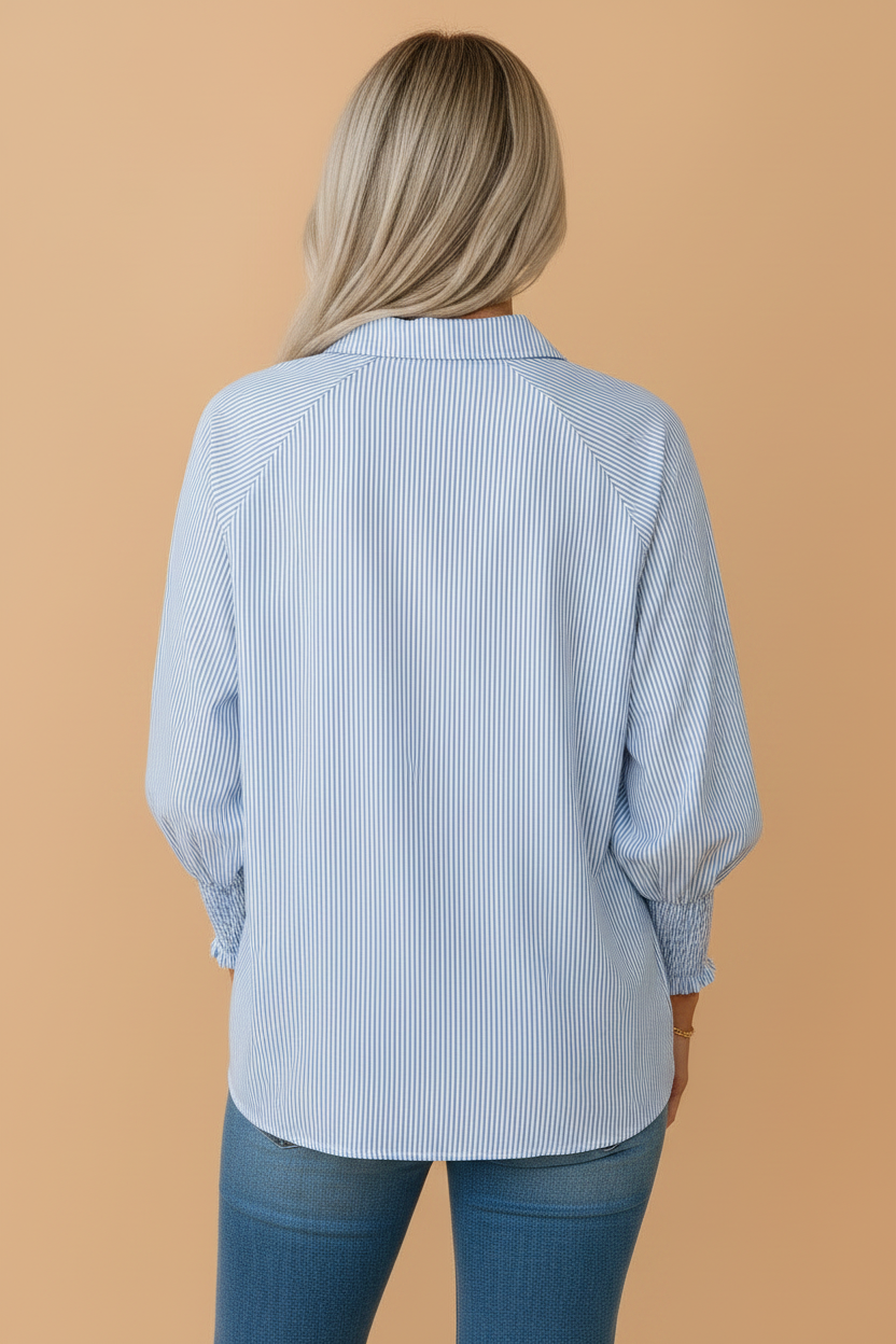 Stripe Buttoned Collar Long Sleeve Blouse