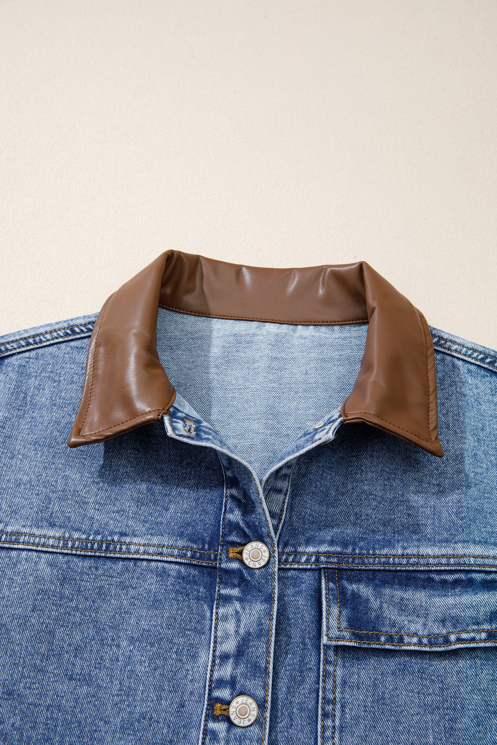 Denim Leather Collar Pocketed Button Front Jacket