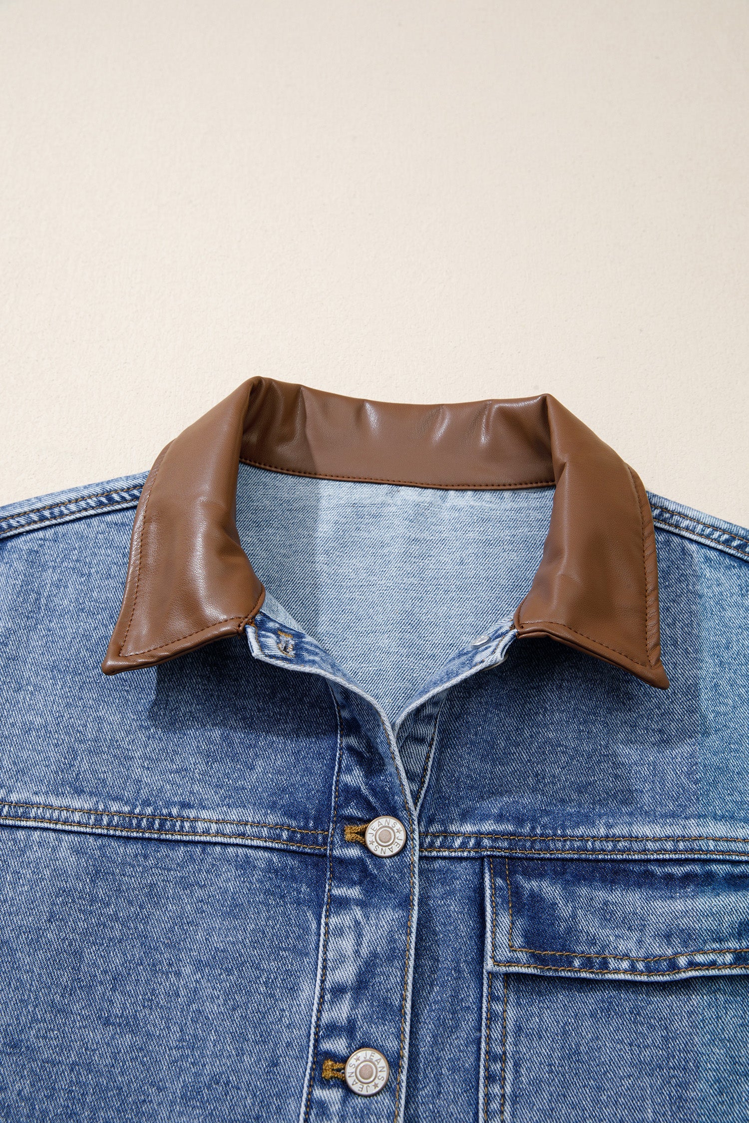 Denim Leather Collar Pocketed Button Front Jacket