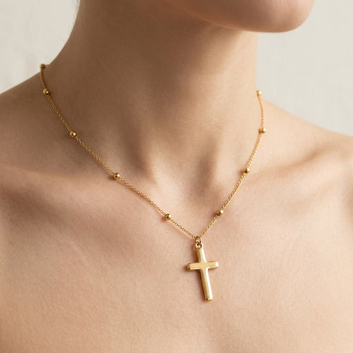 18K Gold Stainless Steel Clavicle Chain with Heart Pendant and Diamond-encrusted Cross