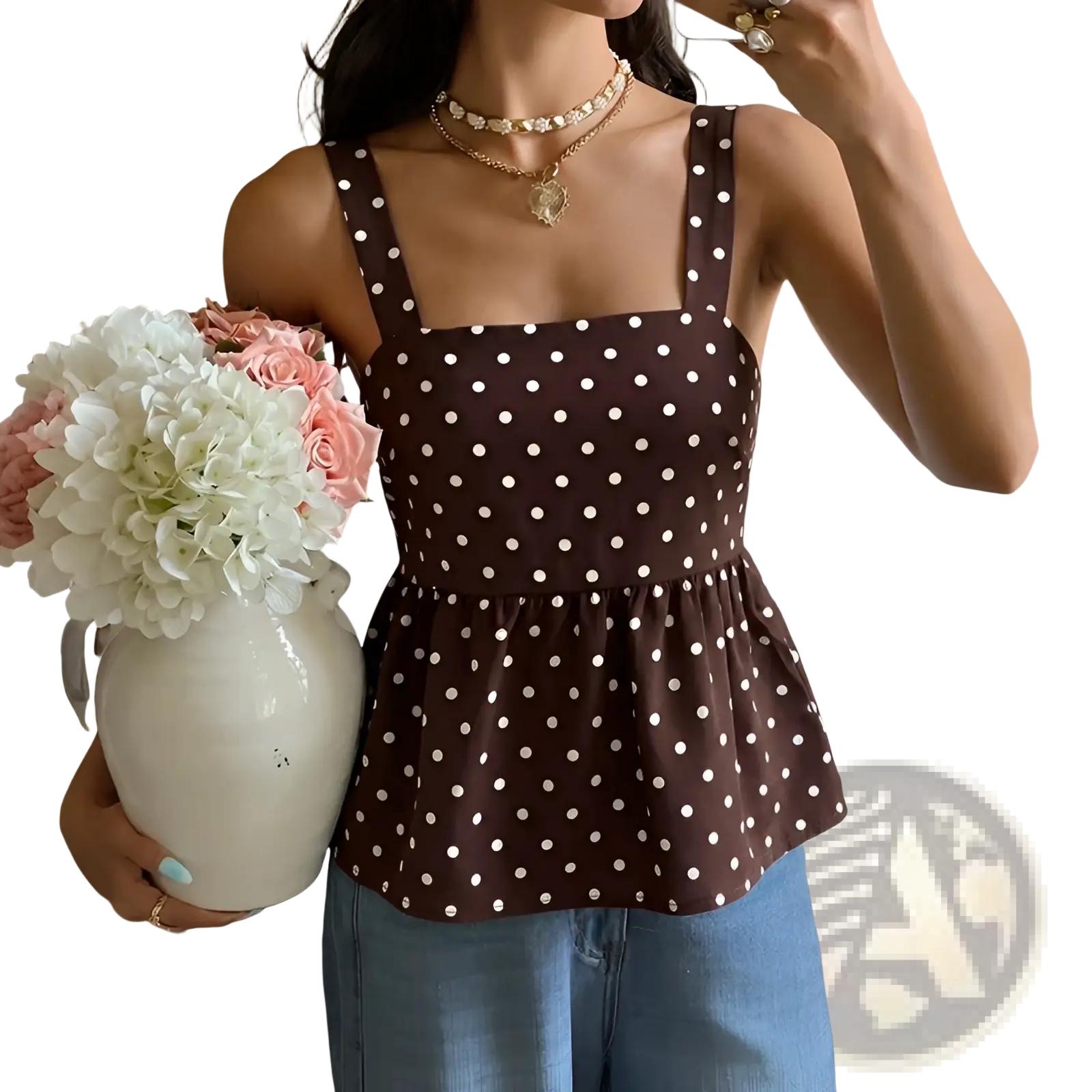 Brown Polka Dot Peplum Camisole