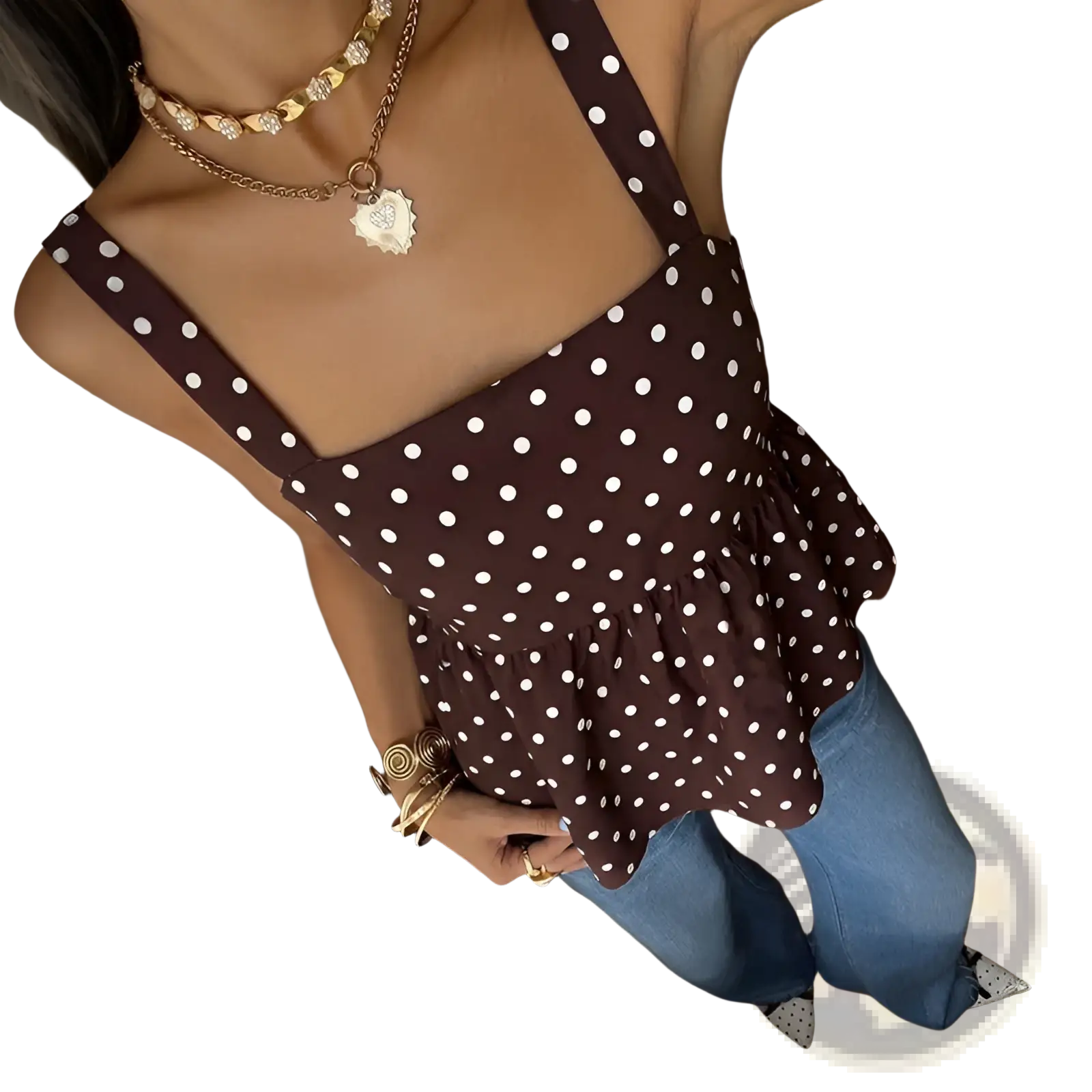 Brown Polka Dot Peplum Camisole