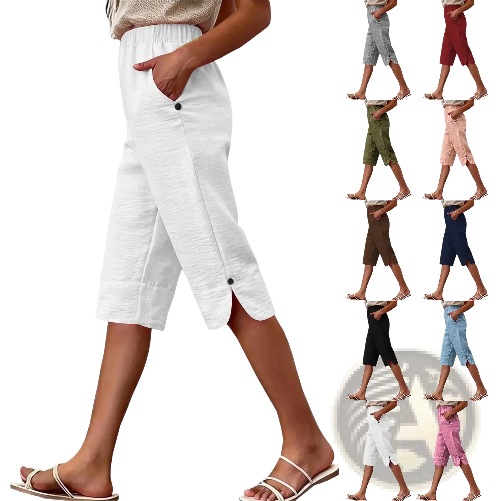 Cotton Linen Capri Pants High Waist