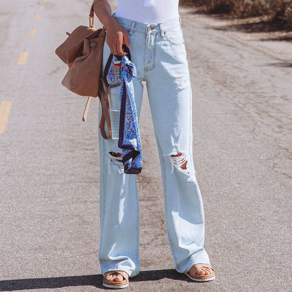 Water Washed Hole High Waist Wide-leg Jeans