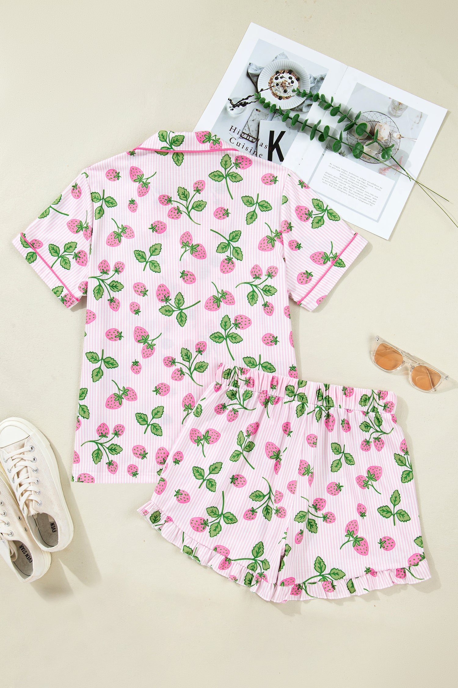 Stripe Strawberry Lapel Shirt & Drawstring Shorts Set