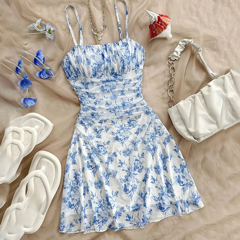 Boho Floral Spaghetti Strap Mini Dress – Ruche Ruffle Hem