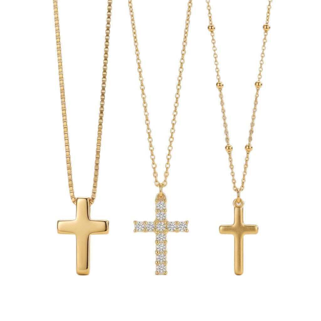 18K Gold Stainless Steel Clavicle Chain with Heart Pendant and Diamond-encrusted Cross