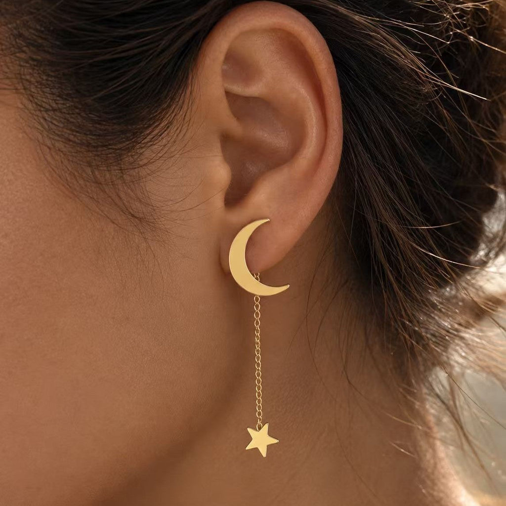 Stainless Steel Tassel Earrings for Women, Star Moon Stud Earrings