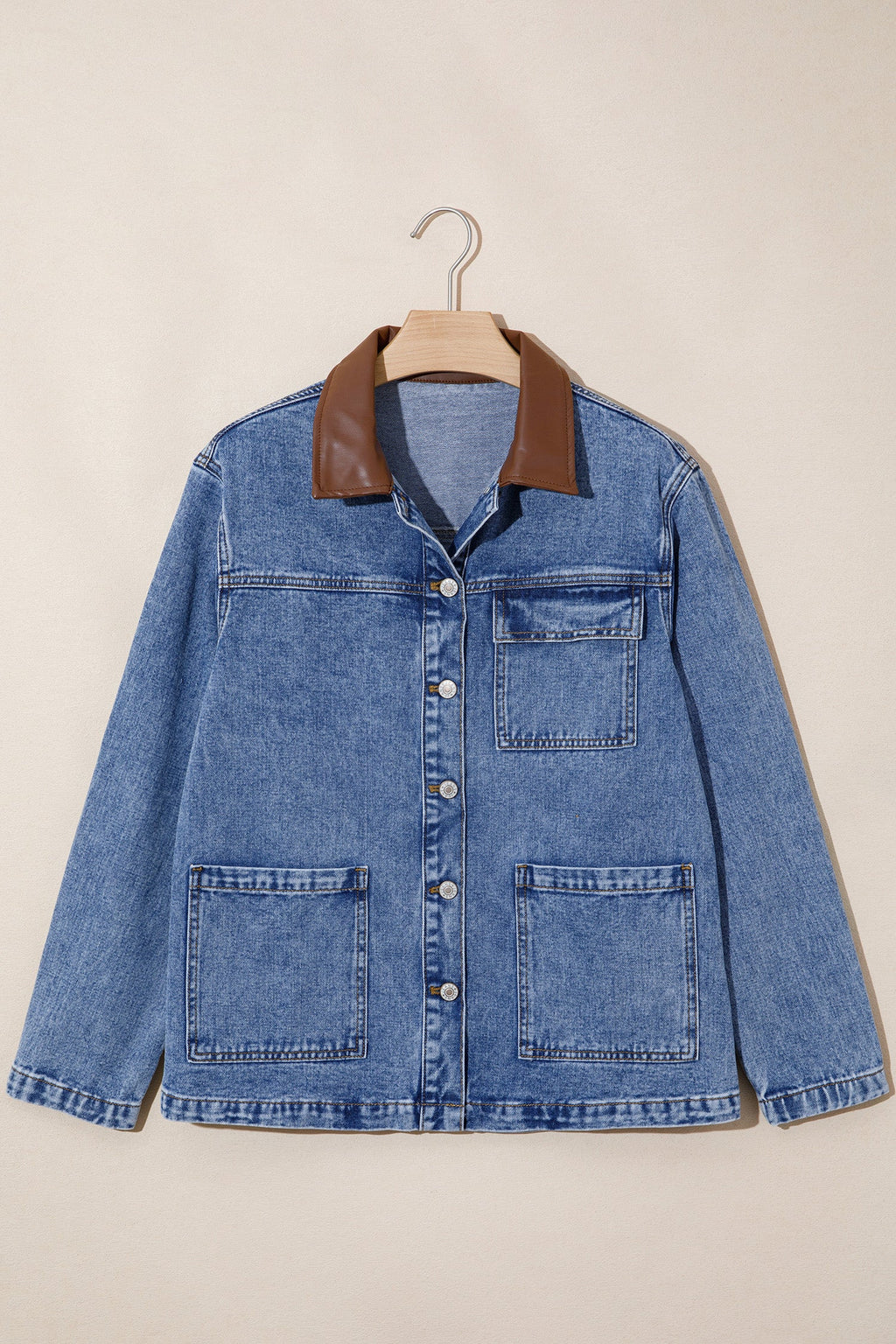 Denim Leather Collar Pocketed Button Front Jacket