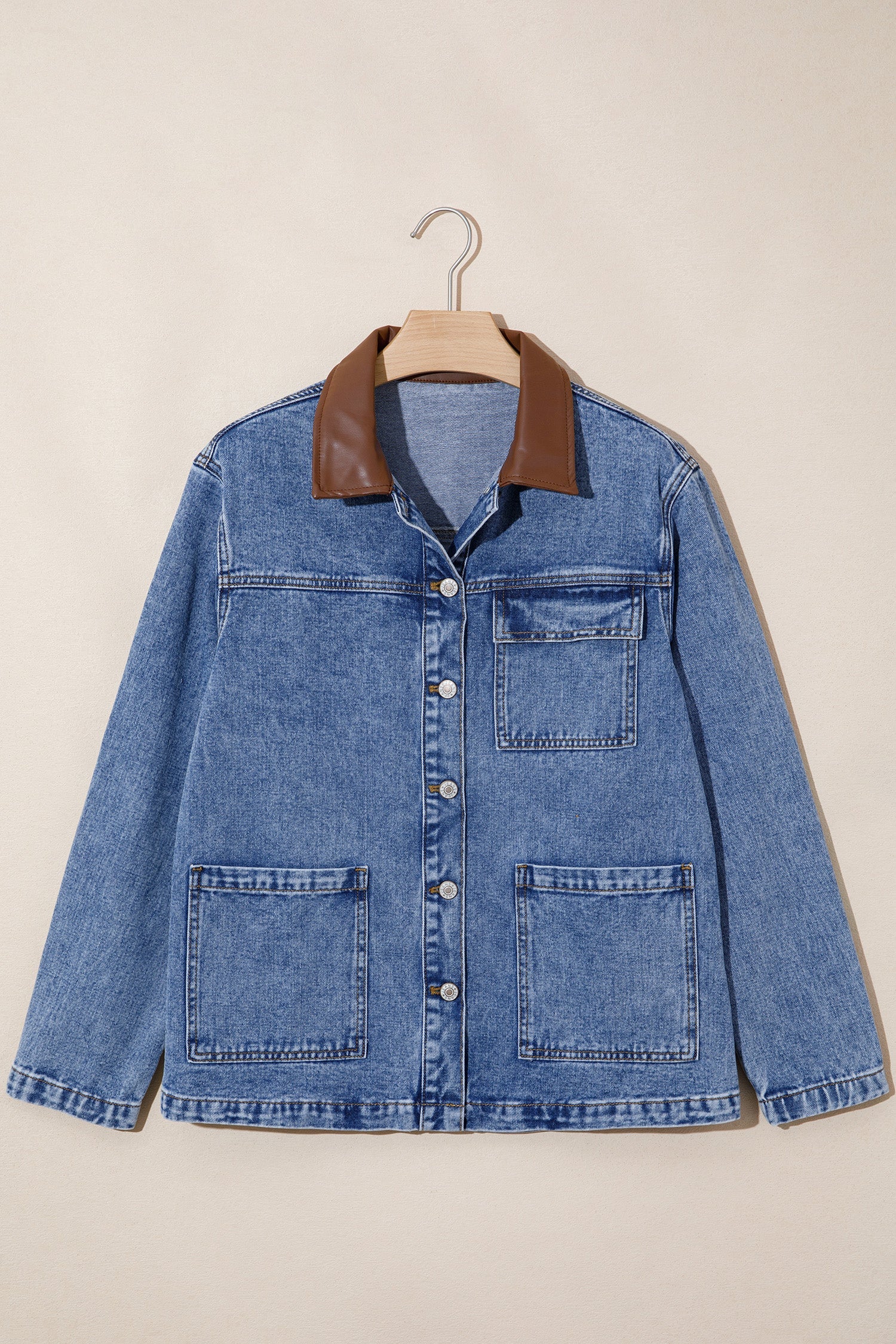 Denim Leather Collar Pocketed Button Front Jacket
