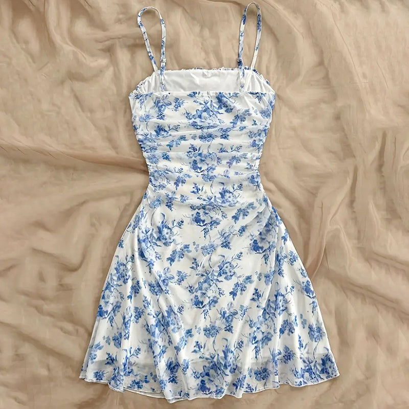 Boho Floral Spaghetti Strap Mini Dress – Ruche Ruffle Hem