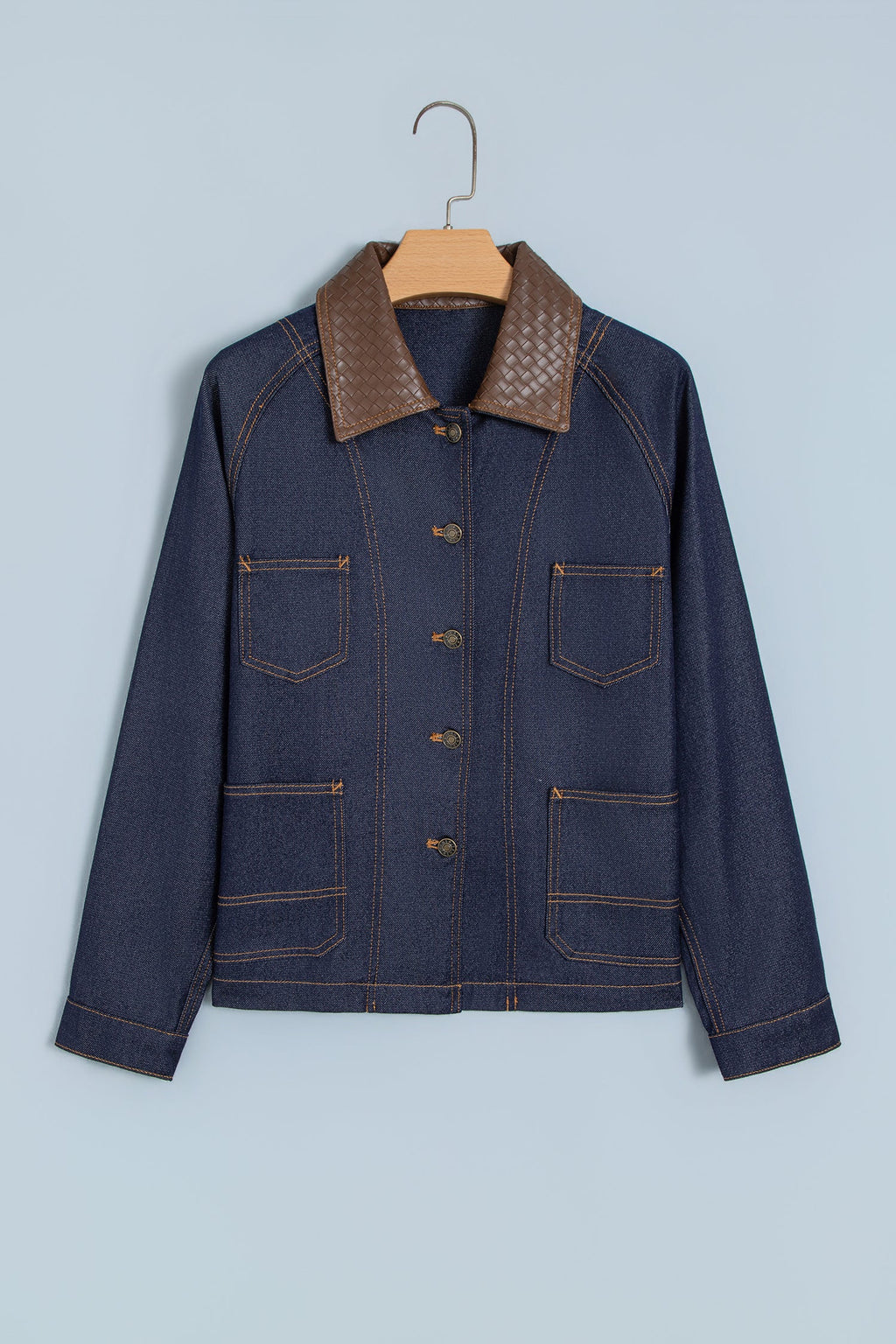 Faux Leather Collar Buttoned Denim Jacket